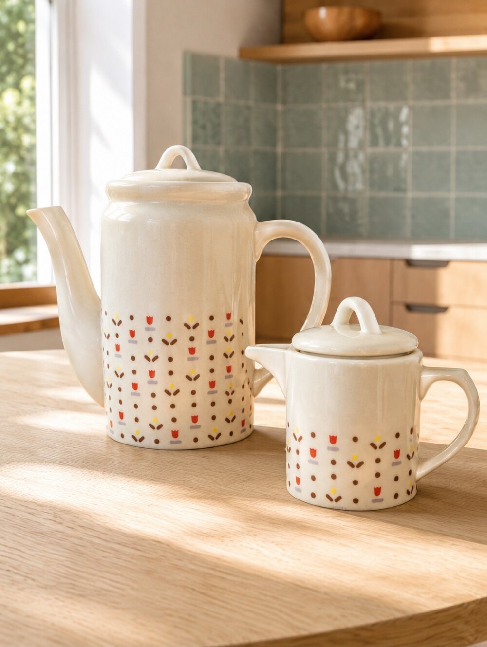 Vintage MCM Ceramic Coffee Pot & Lidded Creamer Tulip Folk Art Set